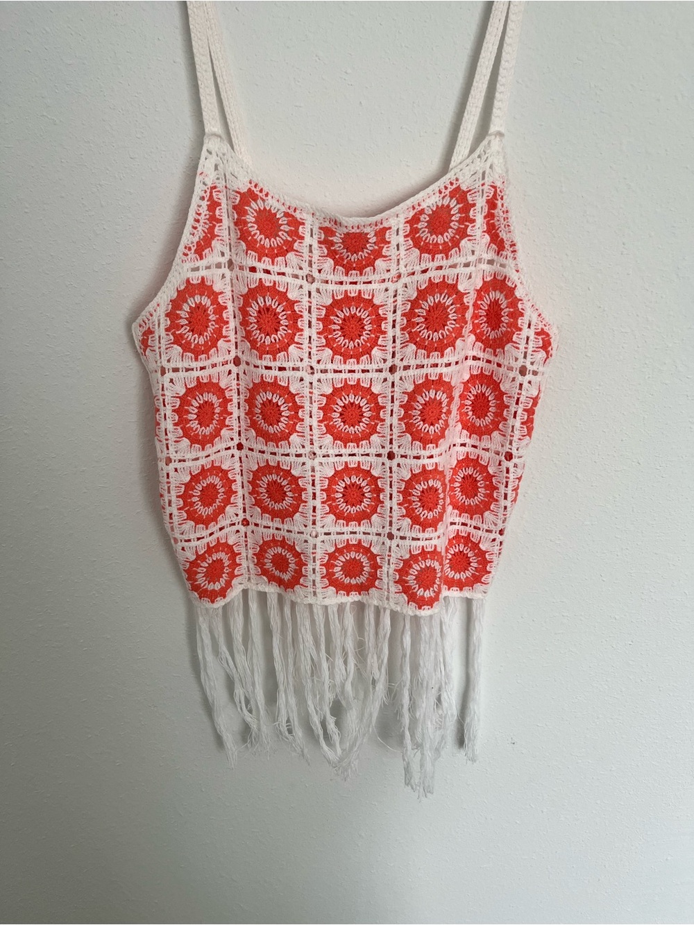 White Crochet Fringe Camisole with Orange Motifs